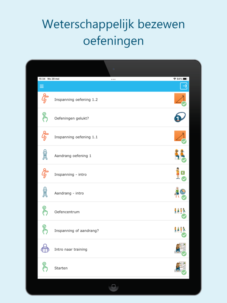 Screenshot van de URincontrol module: Weterschappelijk bezewen oefeningen