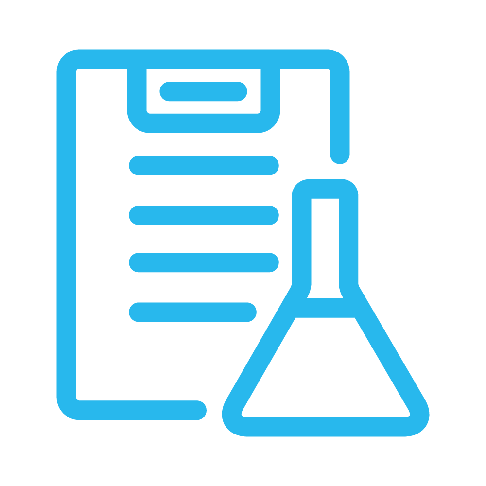 Icon of a clipboard and science beaker